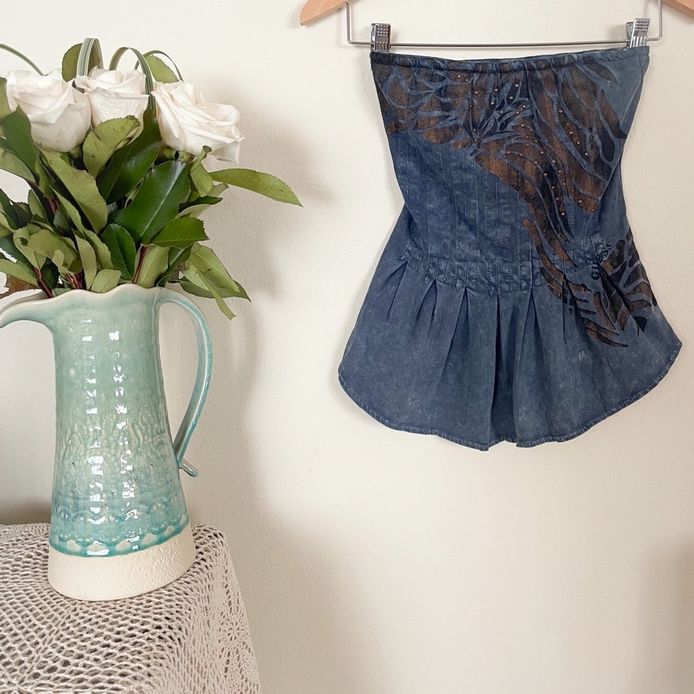 Guess Strapless Ruffle Hem Navy Blue Top